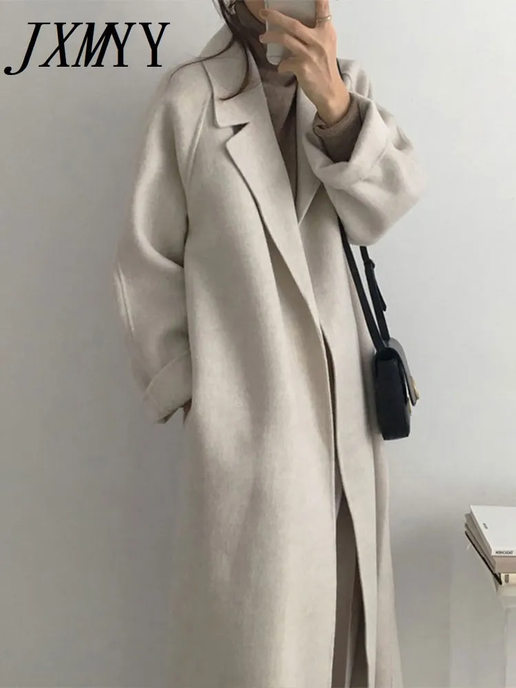 JXMYY French Lazy Style Warm Female Fresh Winter 2022 Classical Belt Retro Loose Women Woolen Coats Chic Casual Long Coat Long
