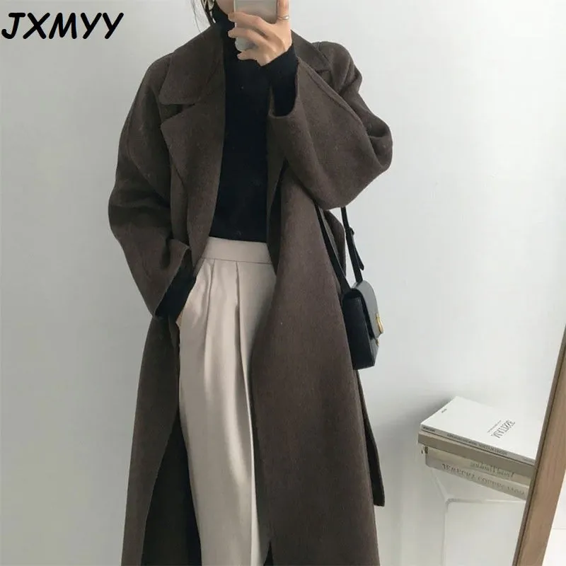 JXMYY French Lazy Style Warm Female Fresh Winter 2022 Classical Belt Retro Loose Women Woolen Coats Chic Casual Long Coat Long