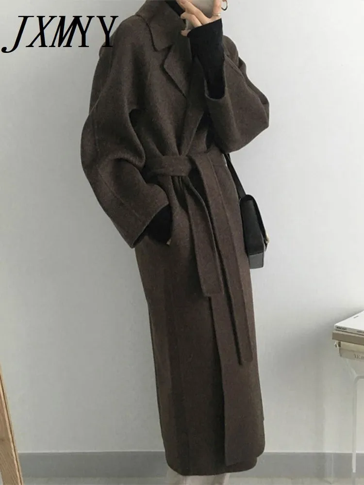 JXMYY French Lazy Style Warm Female Fresh Winter 2022 Classical Belt Retro Loose Women Woolen Coats Chic Casual Long Coat Long