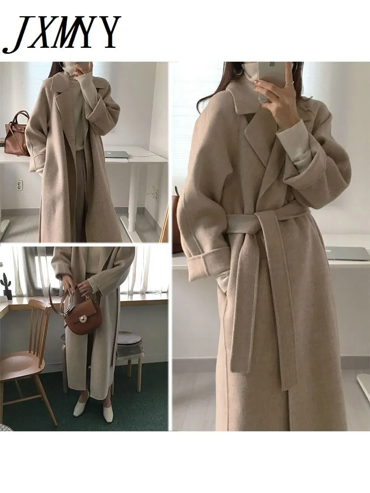 JXMYY French Lazy Style Warm Female Fresh Winter 2022 Classical Belt Retro Loose Women Woolen Coats Chic Casual Long Coat Long