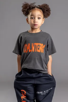 KIDS DARK GREY N ORANGE SPRAY TEE