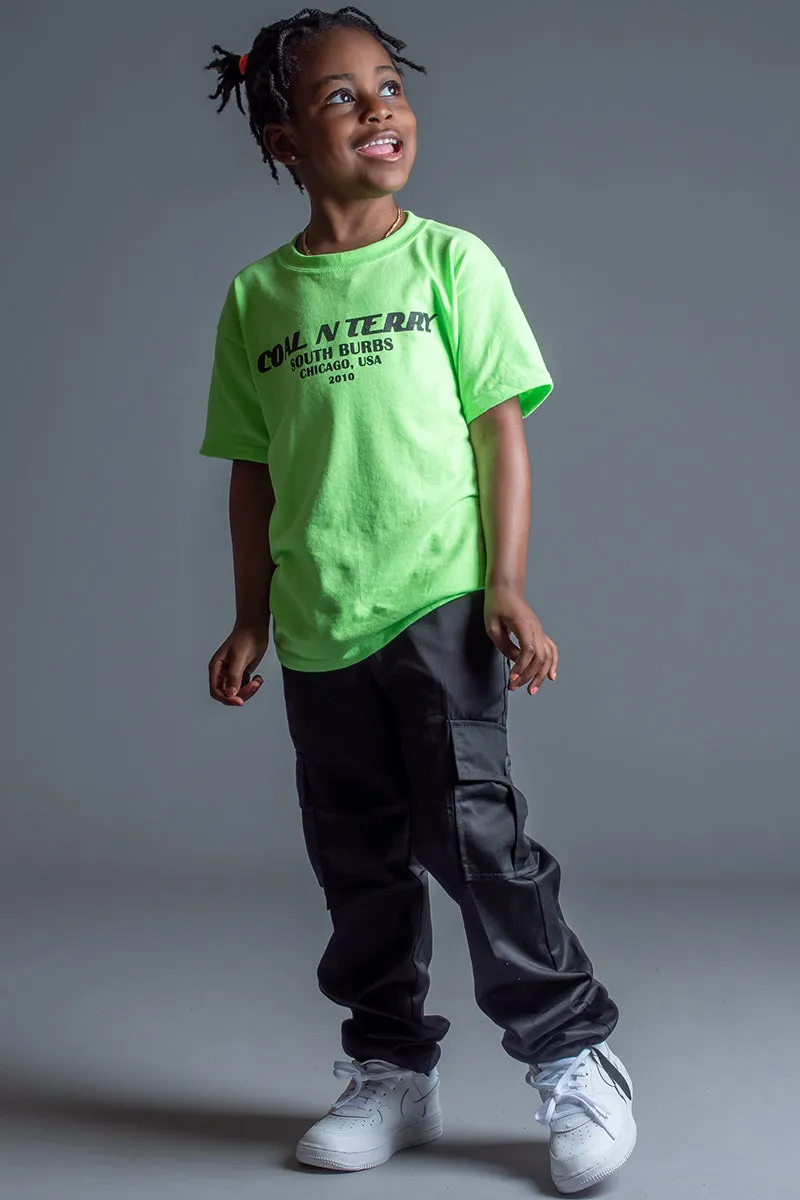 KIDS NEON GREEN N BLK BURBS TEE