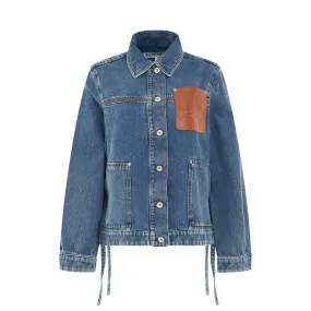 Leather Patch Workwear Jacket in Jeans Blue