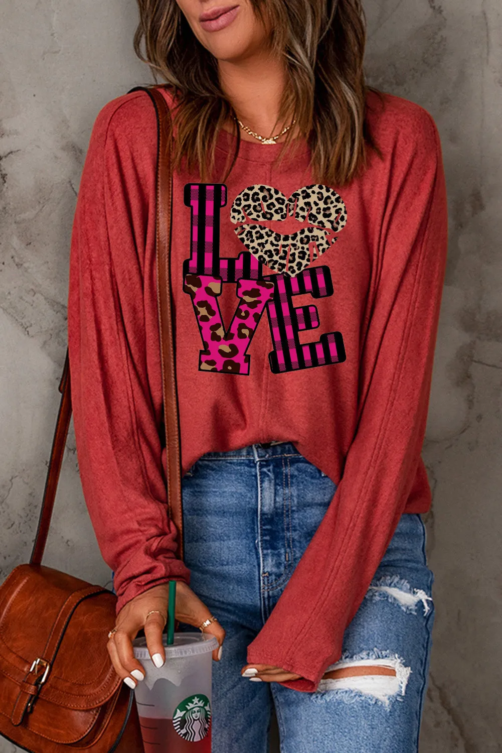 Leopard Print Patchwork Heart Lettering Long Sleeve Knit Top