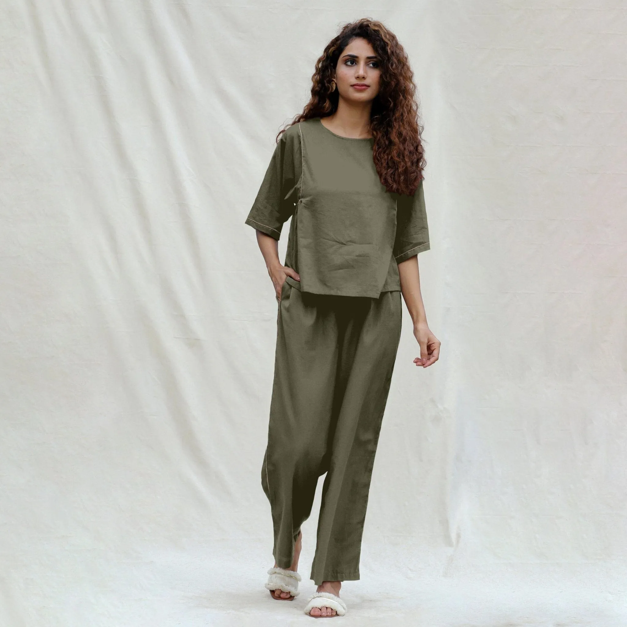 Light Green Cotton Drop Shoulder Sleeves Gathered Top