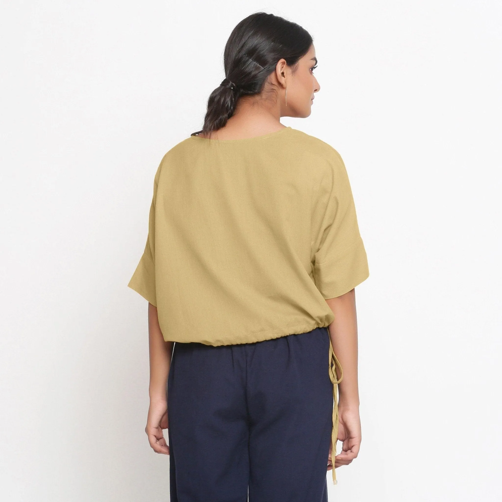 Light Khaki Cotton Flax Round Neck Blouson Top