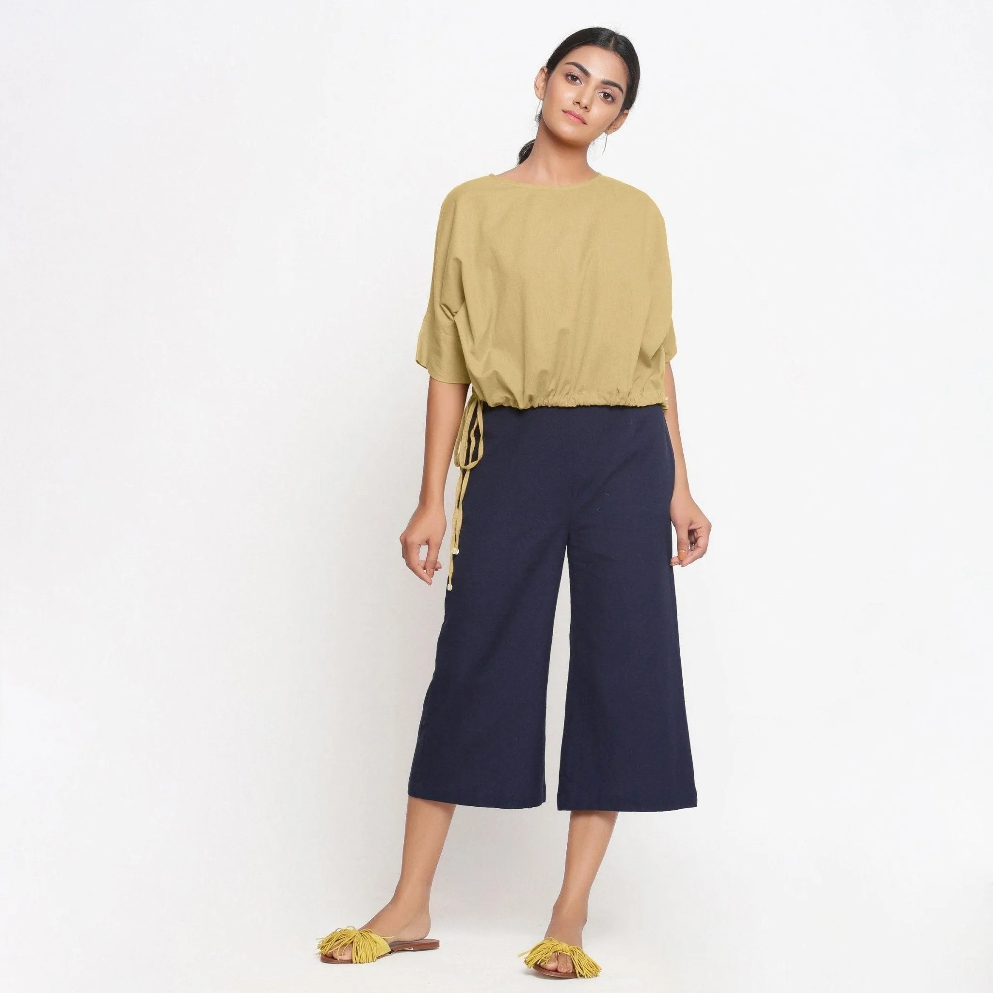 Light Khaki Cotton Flax Round Neck Blouson Top
