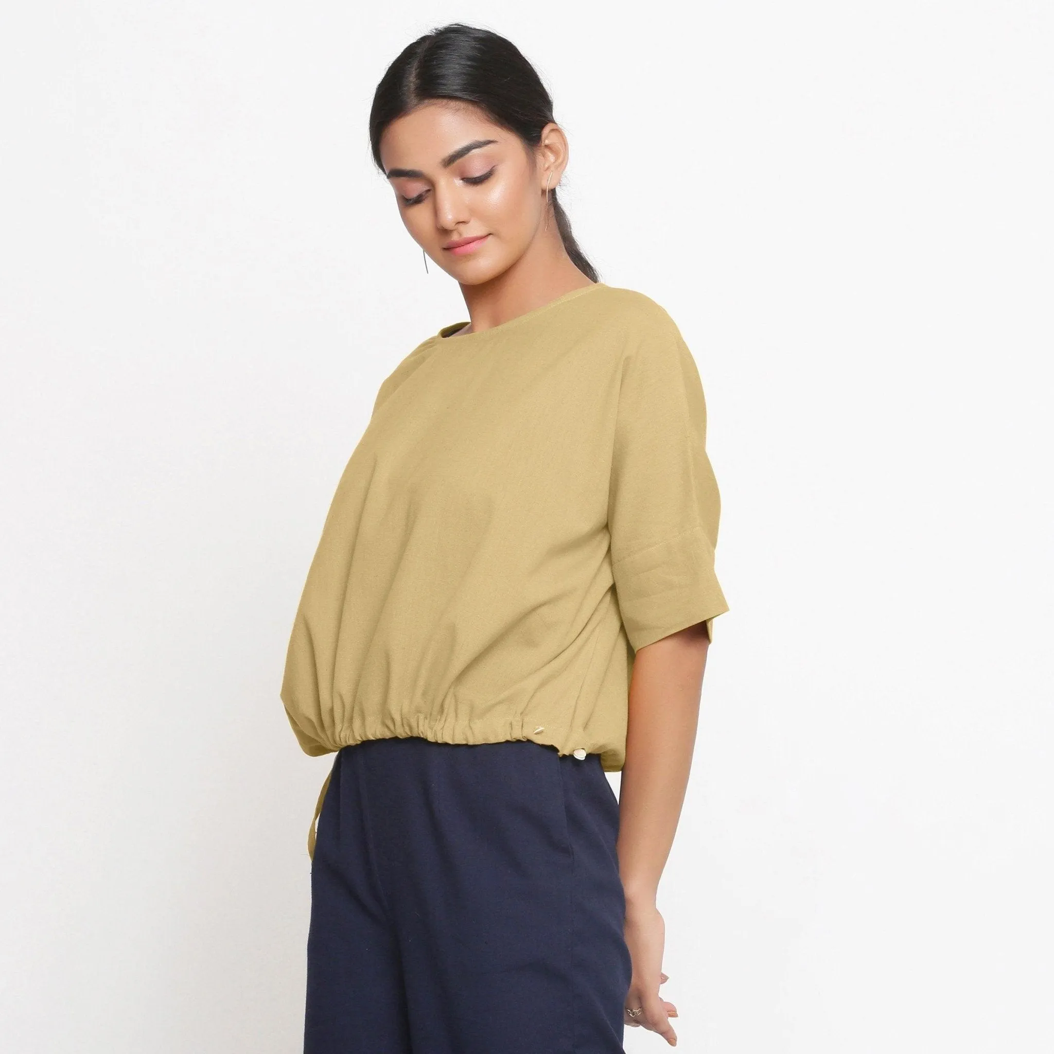 Light Khaki Cotton Flax Round Neck Blouson Top