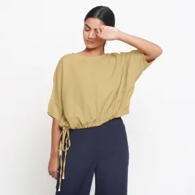 Light Khaki Cotton Flax Round Neck Blouson Top