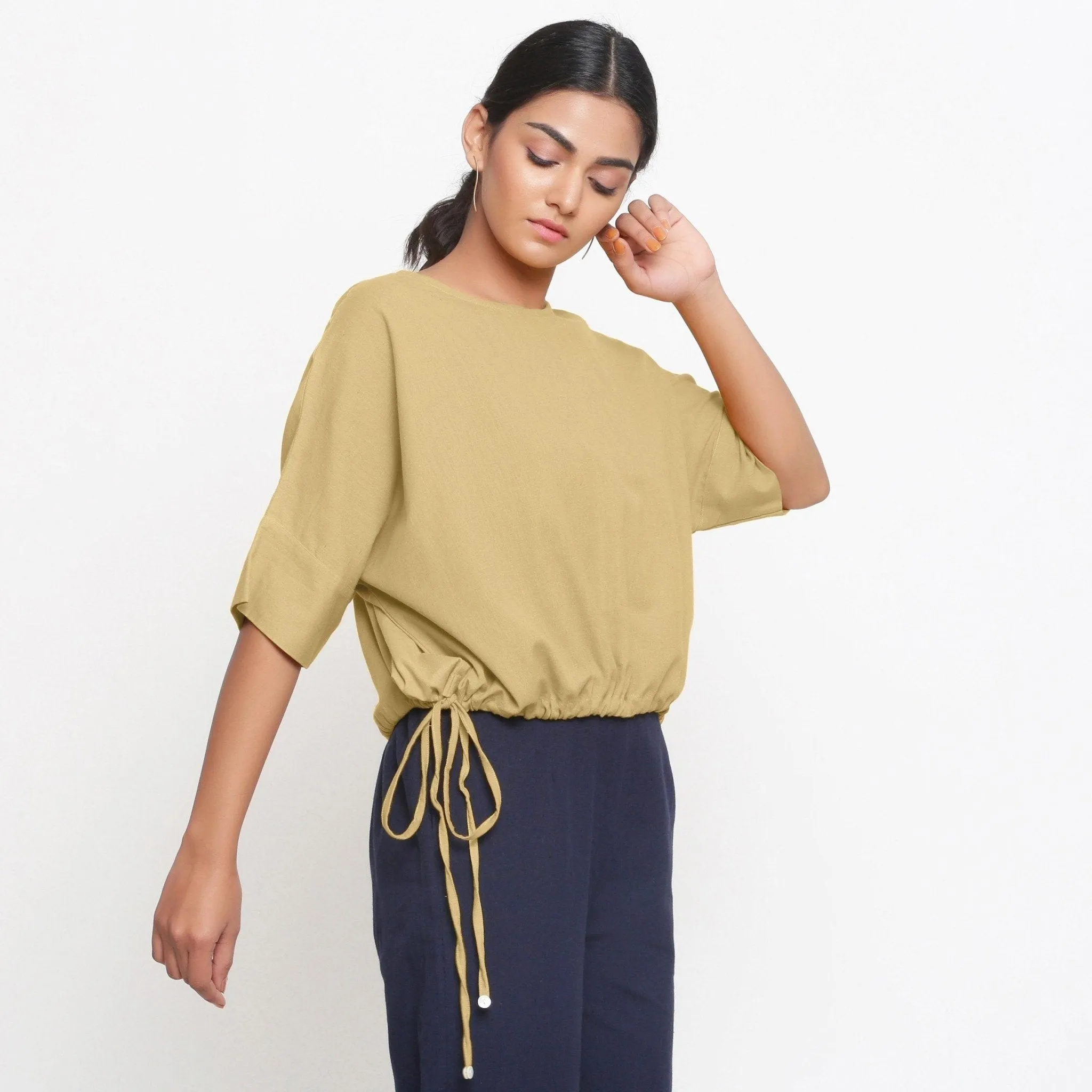Light Khaki Cotton Flax Round Neck Blouson Top