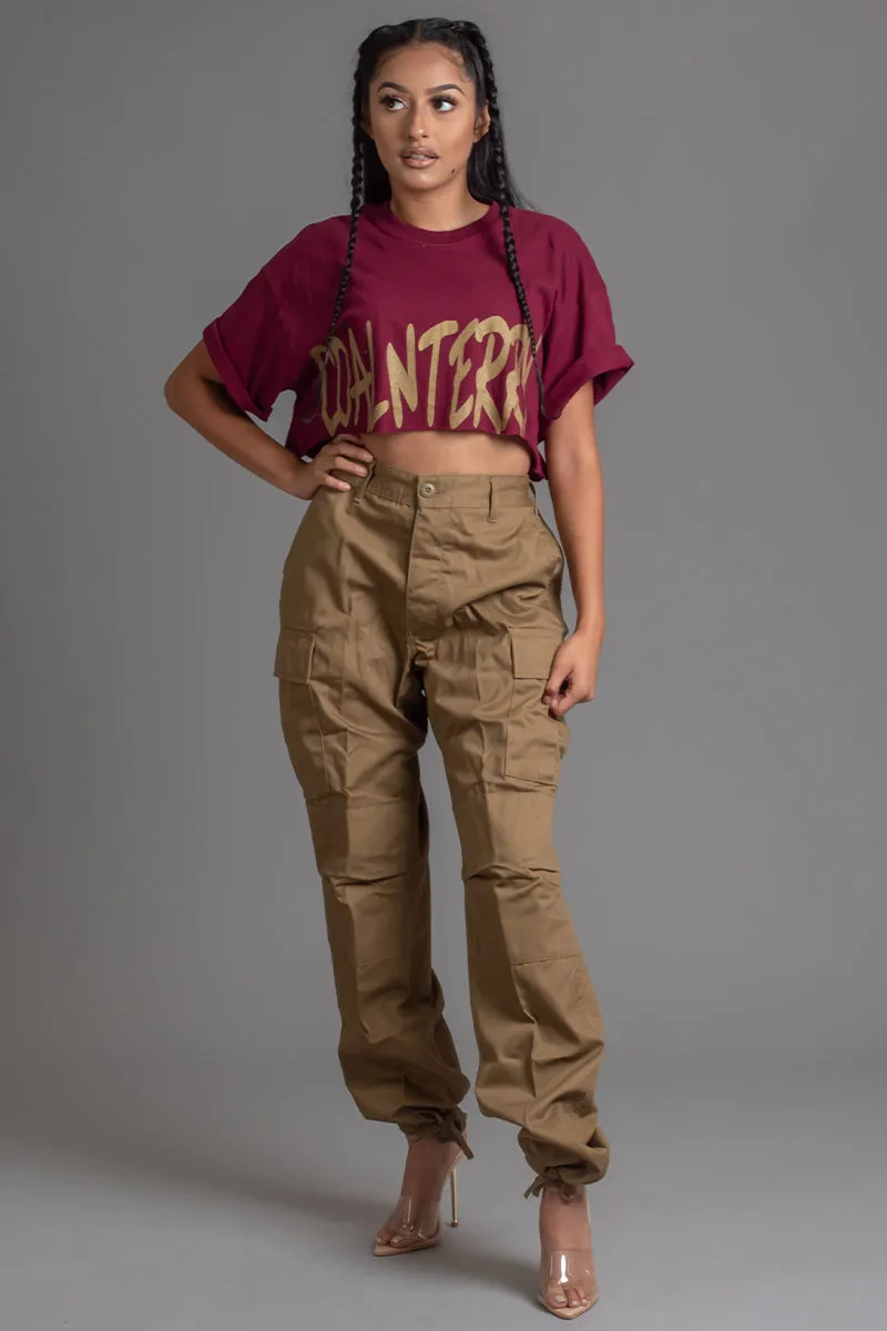 MAROON N GOLD CNT OVERLAY CROP TEE