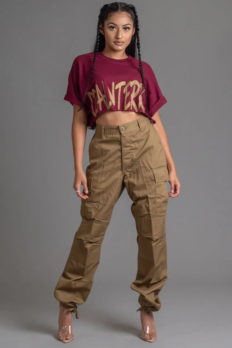 MAROON N GOLD CNT OVERLAY CROP TEE