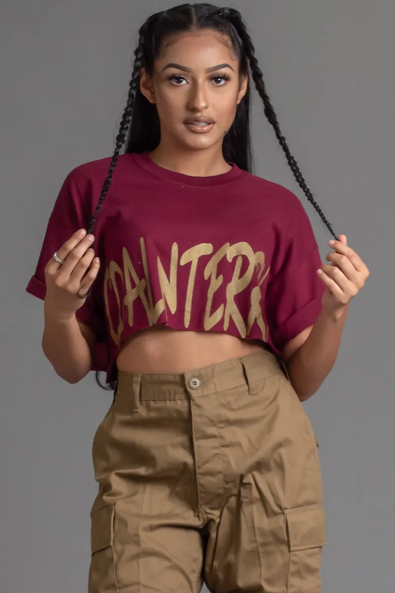 MAROON N GOLD CNT OVERLAY CROP TEE