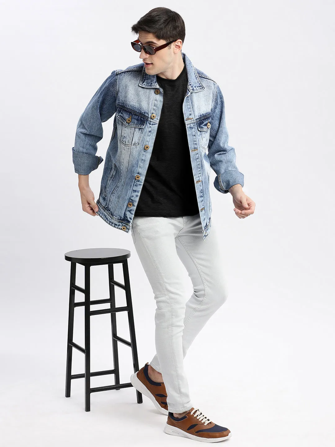 Men Solid Spread Collar Blue Denim Jacket