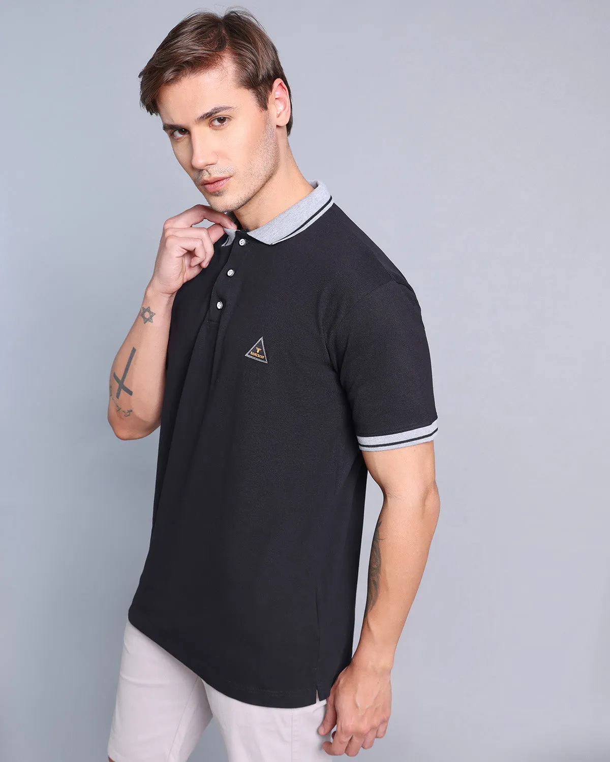 Metal Black Pique Pima Stylised Polo Tee