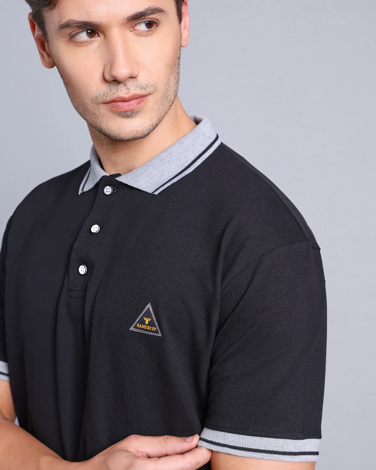 Metal Black Pique Pima Stylised Polo Tee