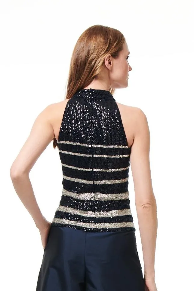 NAVY BEADED STRIPED MOCK-NECK TOP