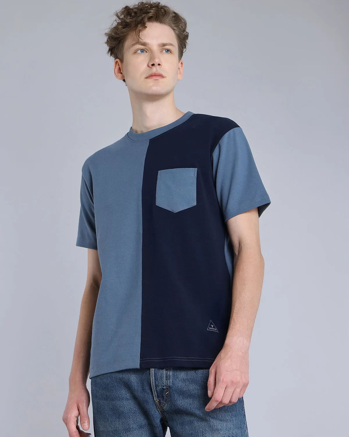 NavyBlue With Curious Blue Premium Cotton Designer T-shirt