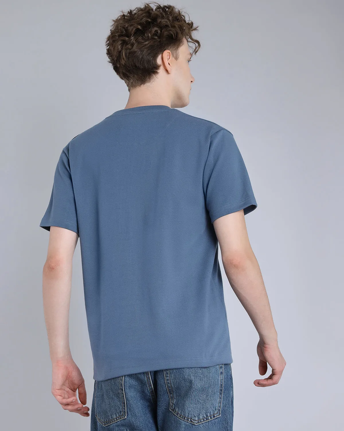 NavyBlue With Curious Blue Premium Cotton Designer T-shirt