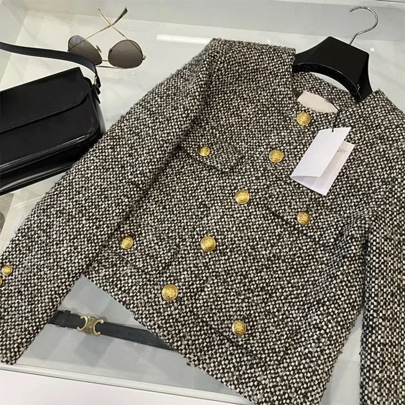 New Autumn Winter Korean Women's Single Breasted Brand Luxury Chic Tweed Woolen Coat Retro Suit Jacket Top Casaco Outwear