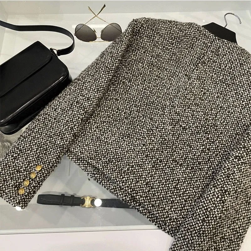 New Autumn Winter Korean Women's Single Breasted Brand Luxury Chic Tweed Woolen Coat Retro Suit Jacket Top Casaco Outwear
