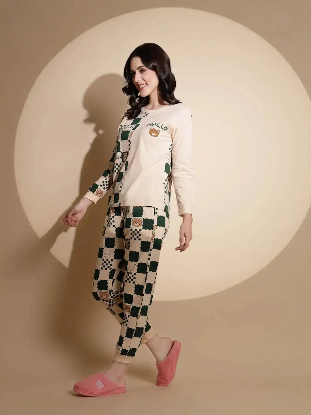 Peach and Green Hosiery Printed Top & Pyjama Night Suit Set