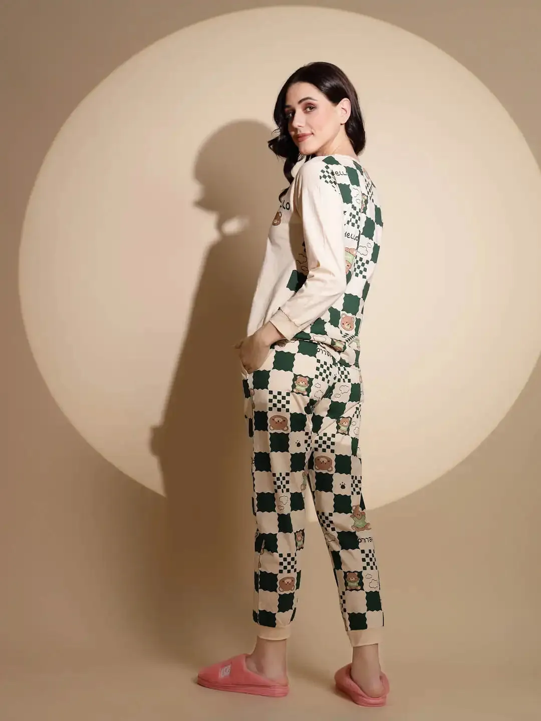 Peach and Green Hosiery Printed Top & Pyjama Night Suit Set
