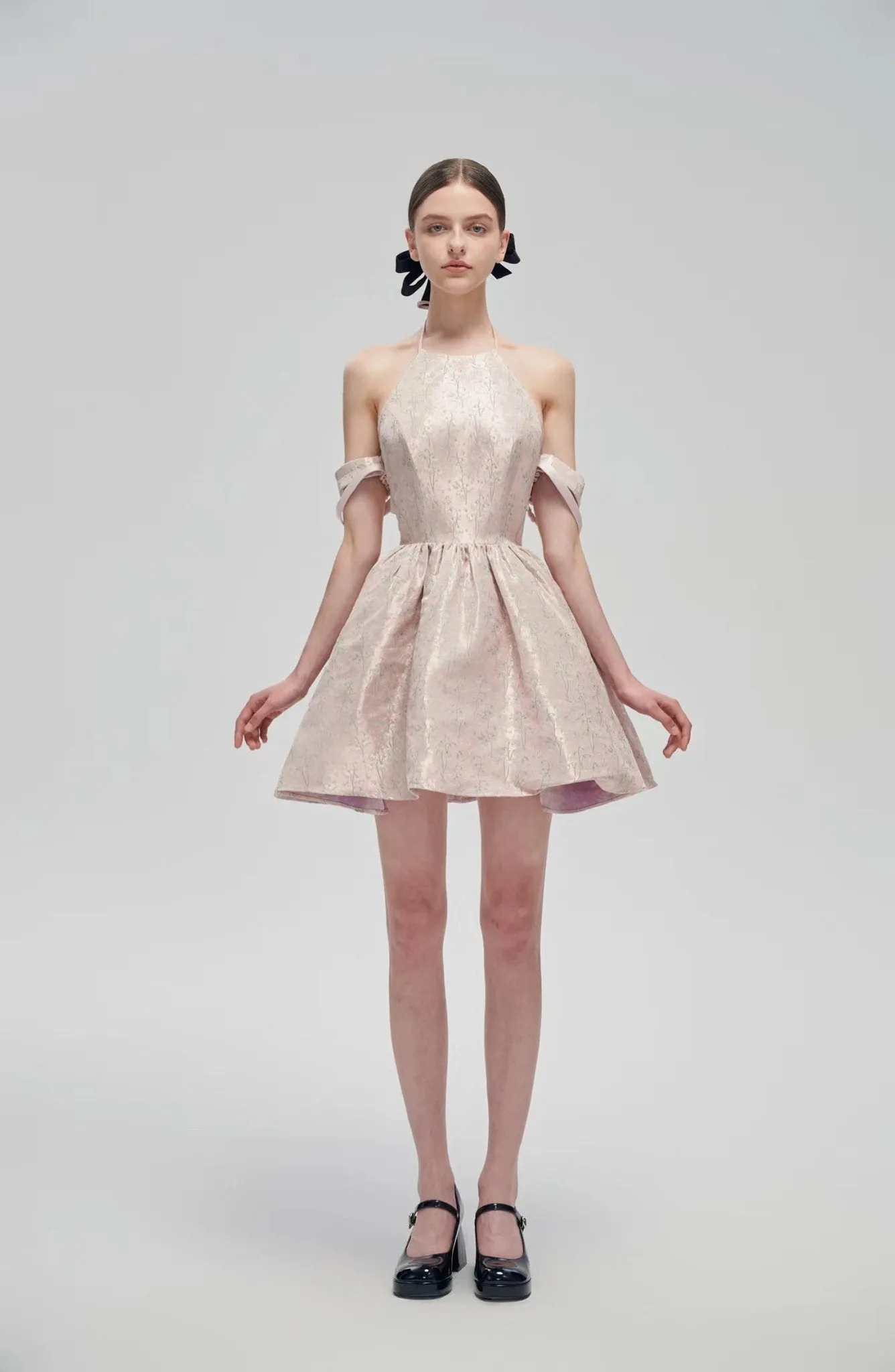 Pink Back Bow Jacquard Retro Dress