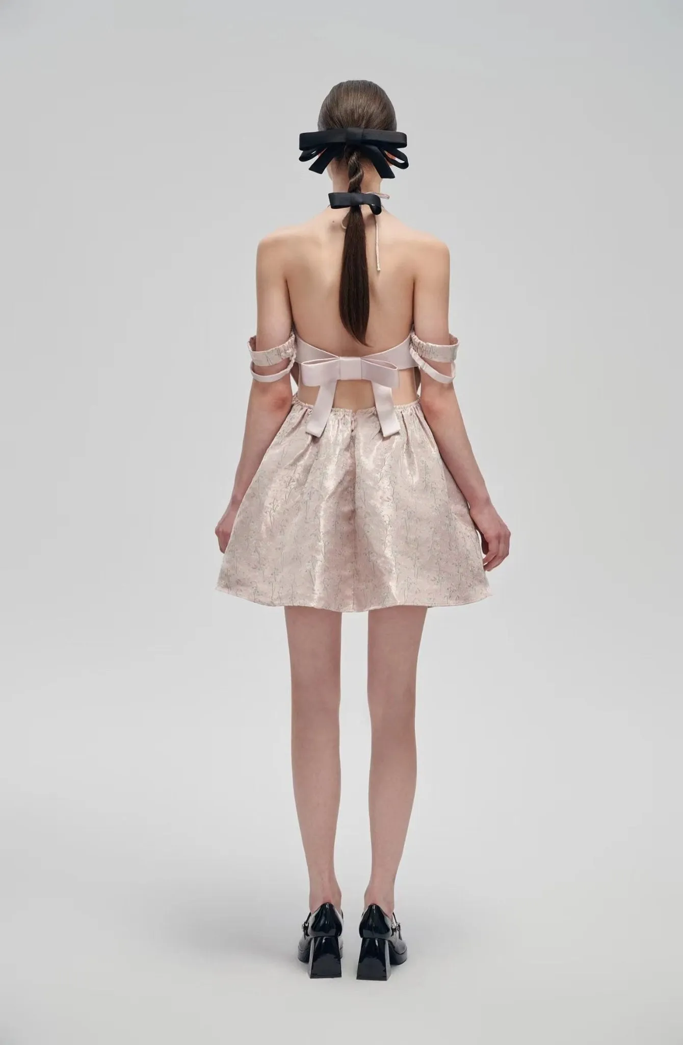 Pink Back Bow Jacquard Retro Dress