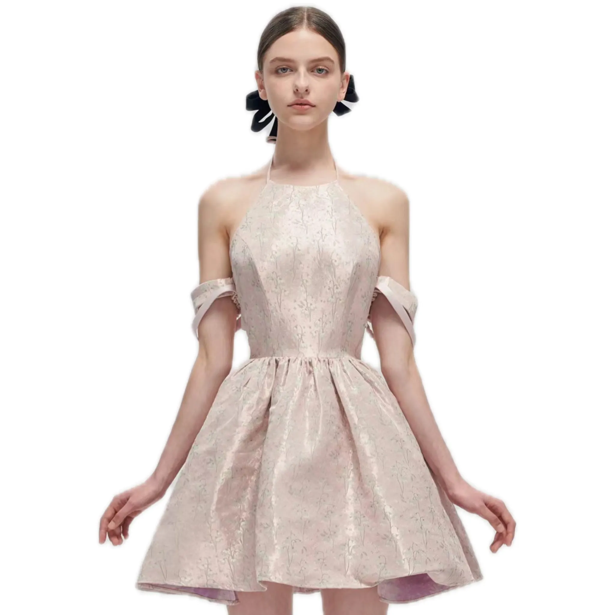 Pink Back Bow Jacquard Retro Dress