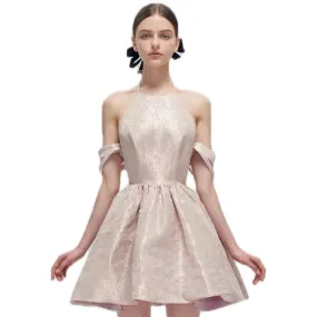 Pink Back Bow Jacquard Retro Dress