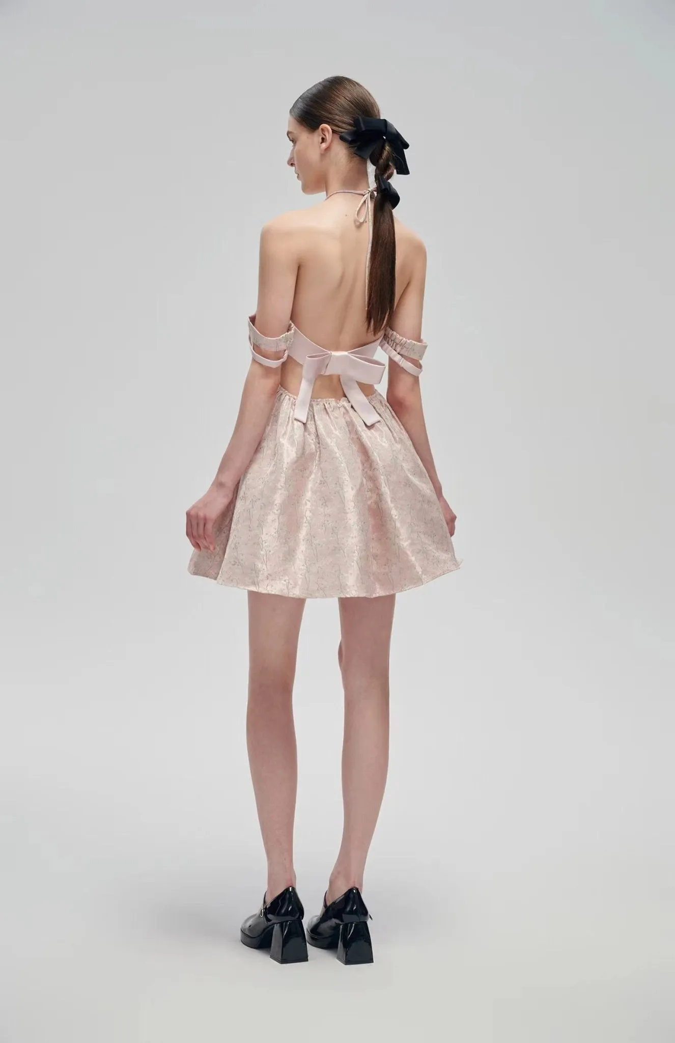 Pink Back Bow Jacquard Retro Dress