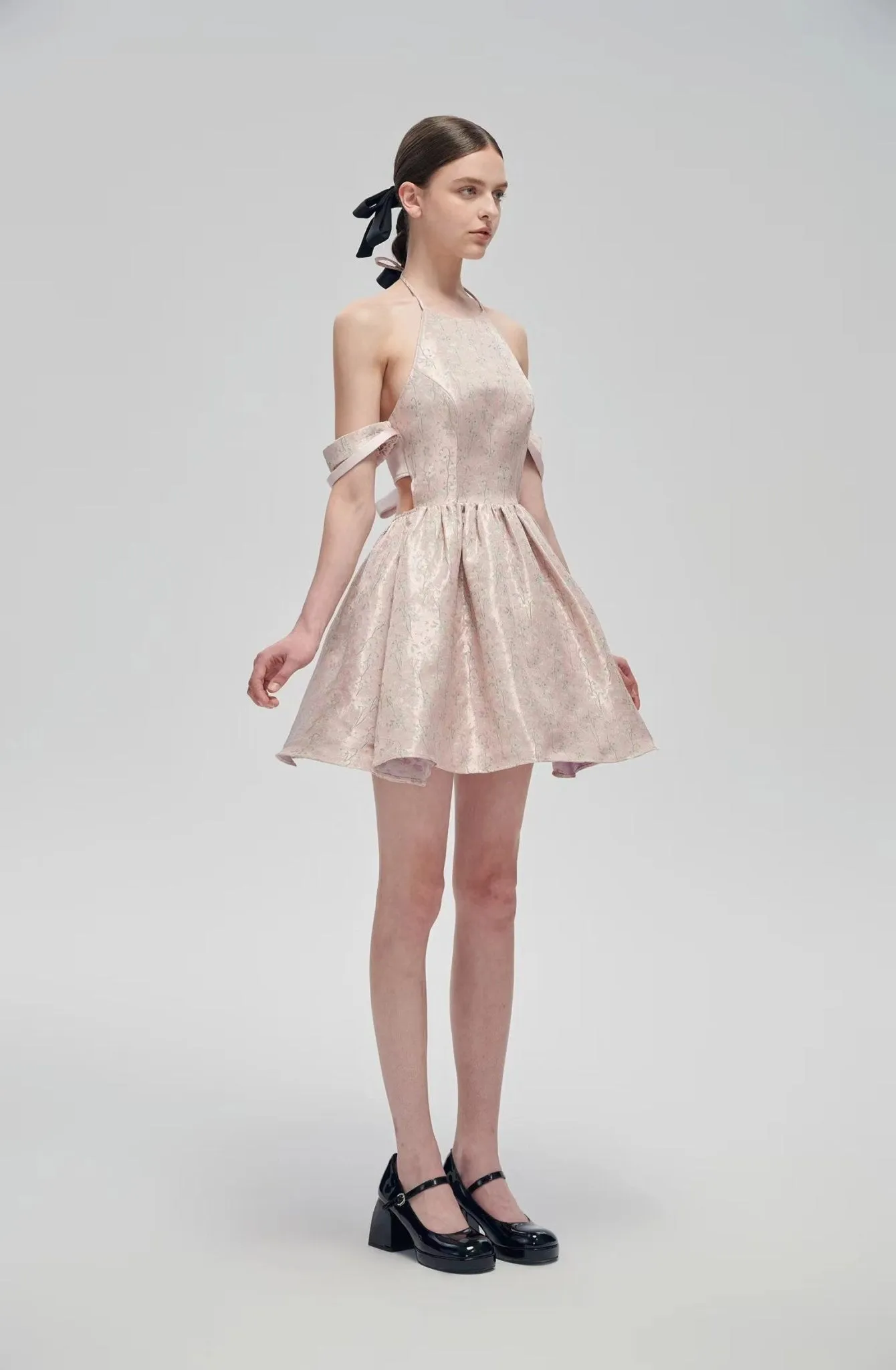 Pink Back Bow Jacquard Retro Dress