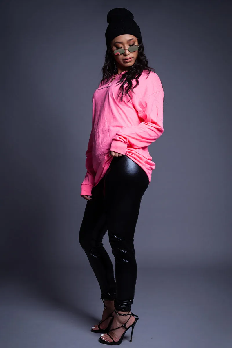 PINK N BLK LONG SLEEVE NEVER EXPLAIN TEE