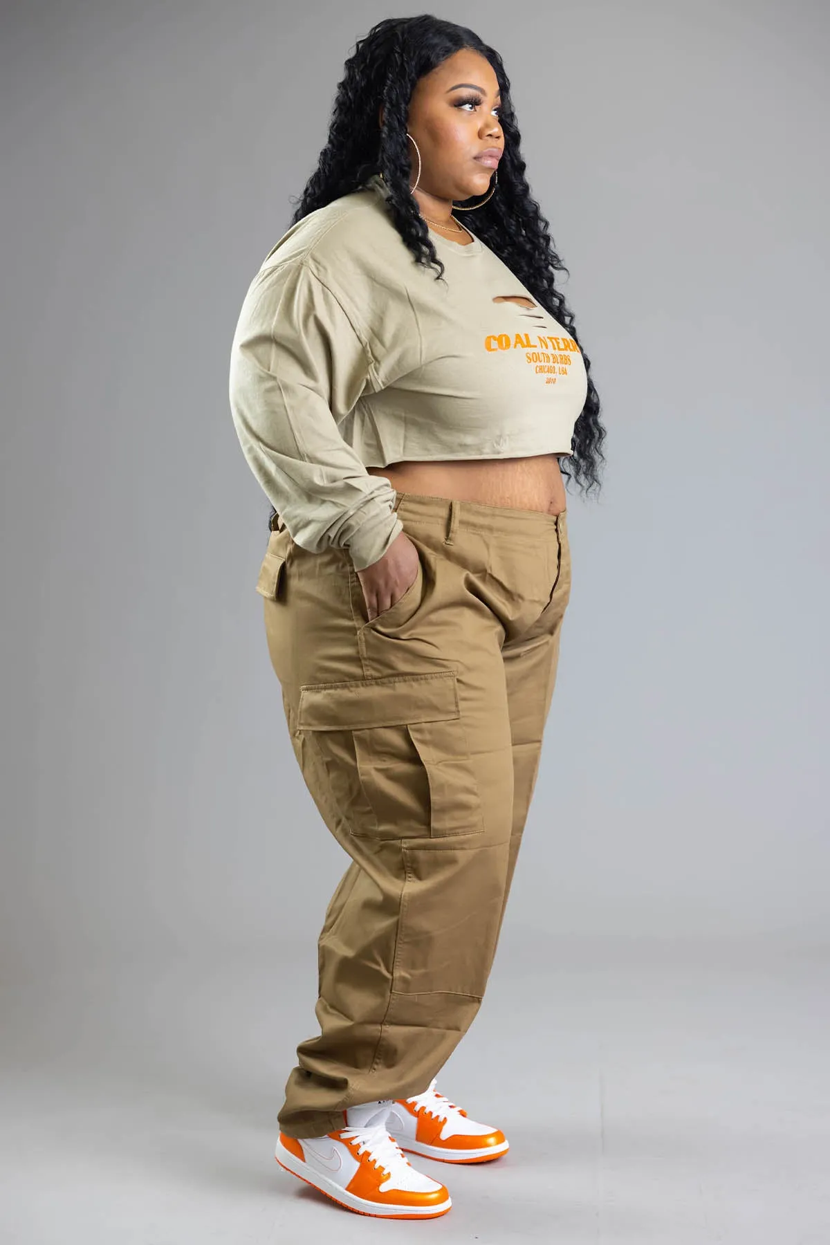 PLUS LONG SLEEVE ASH N ORANGE BURBS CROP TEE (DIS)