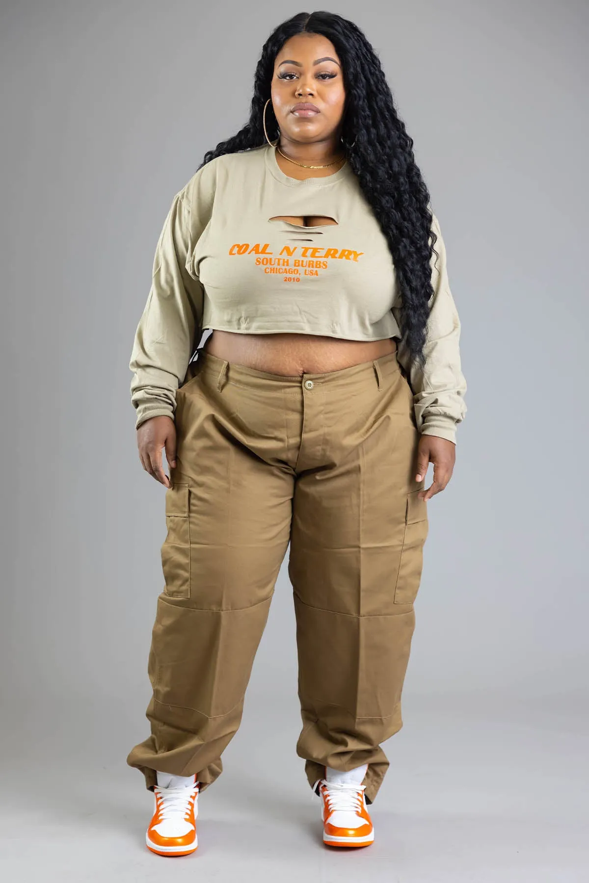 PLUS LONG SLEEVE ASH N ORANGE BURBS CROP TEE (DIS)