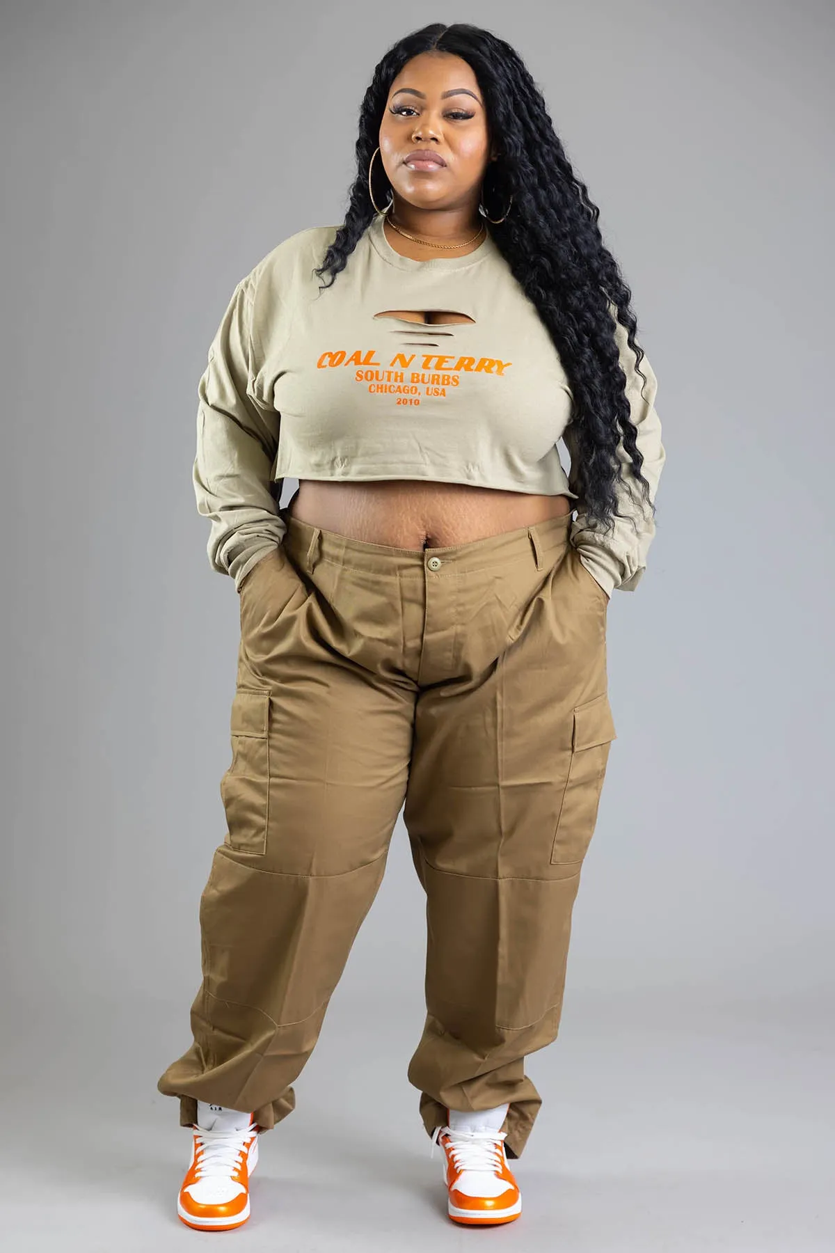 PLUS LONG SLEEVE ASH N ORANGE BURBS CROP TEE (DIS)