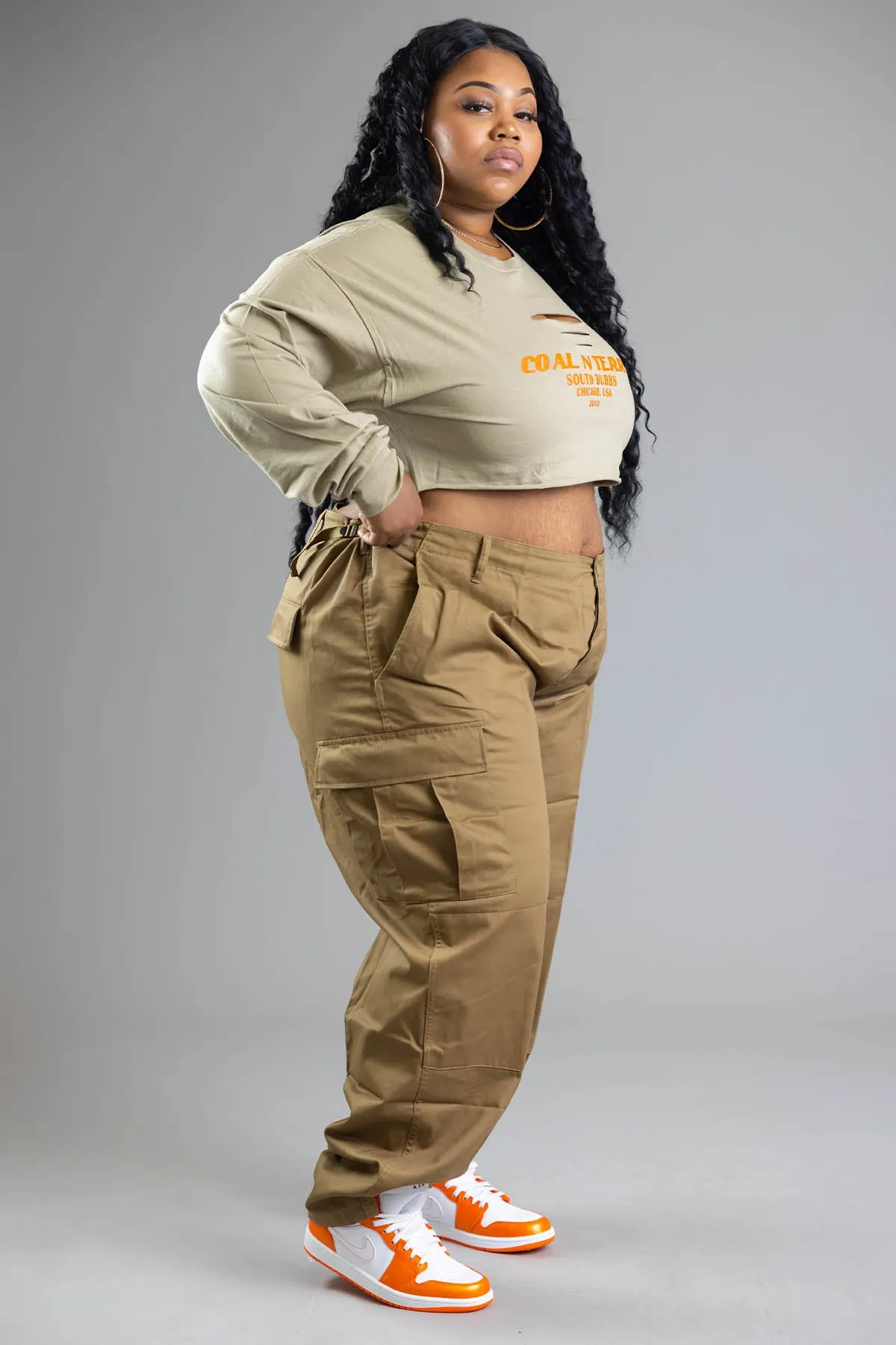 PLUS LONG SLEEVE ASH N ORANGE BURBS CROP TEE (DIS)