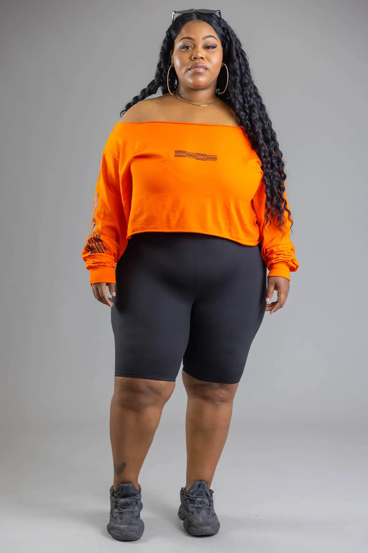 PLUS LONG SLEEVE ORANGE N BLK BAR SHOULDER TEE