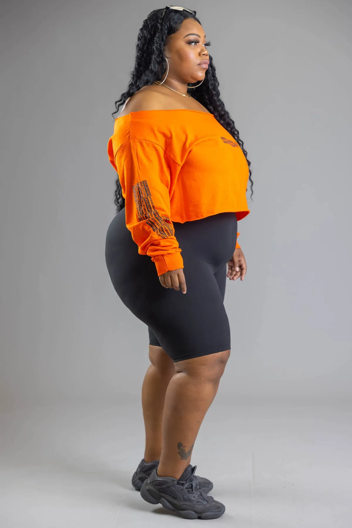 PLUS LONG SLEEVE ORANGE N BLK BAR SHOULDER TEE