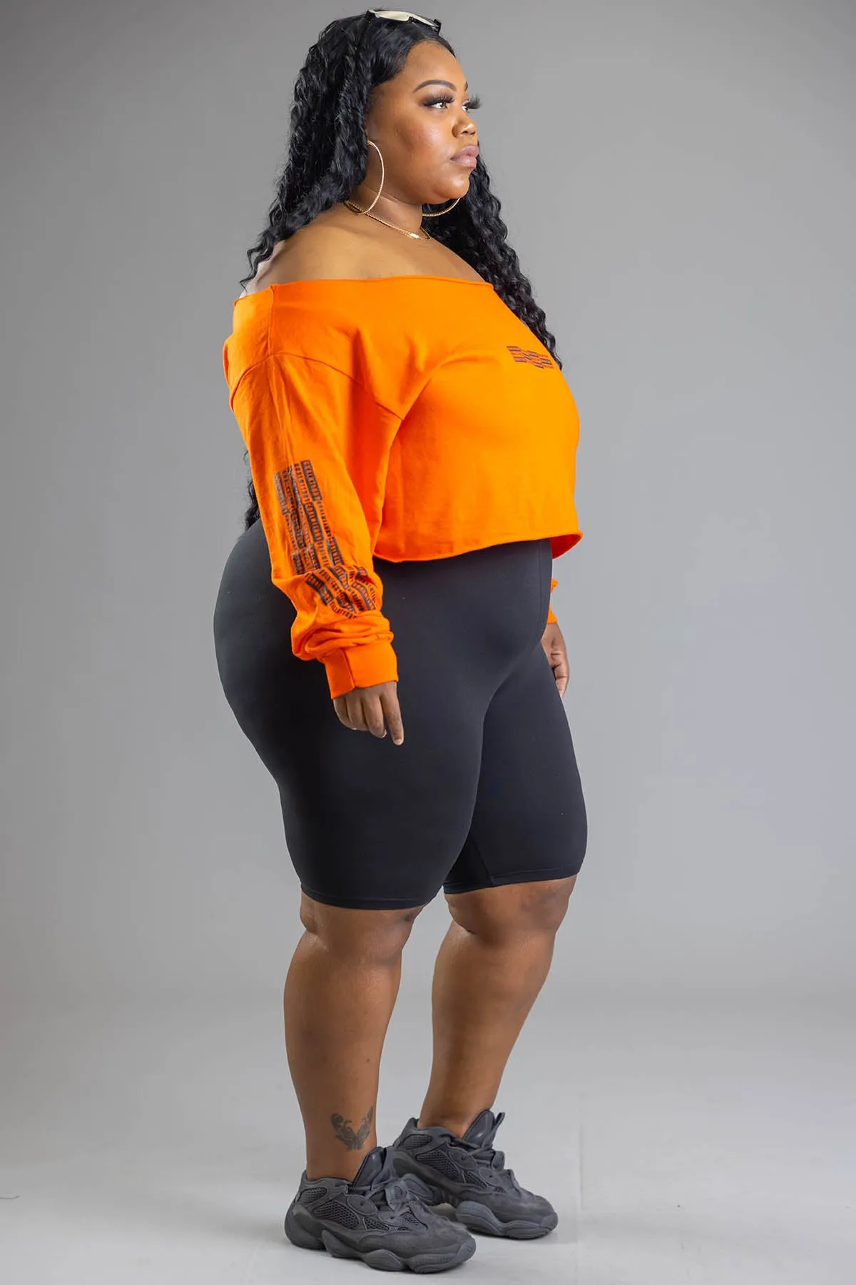 PLUS LONG SLEEVE ORANGE N BLK BAR SHOULDER TEE