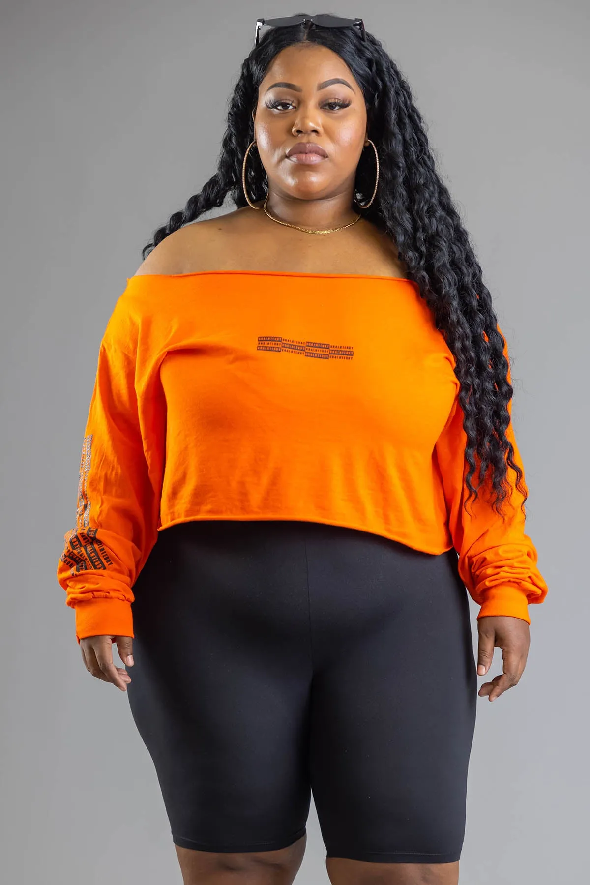 PLUS LONG SLEEVE ORANGE N BLK BAR SHOULDER TEE