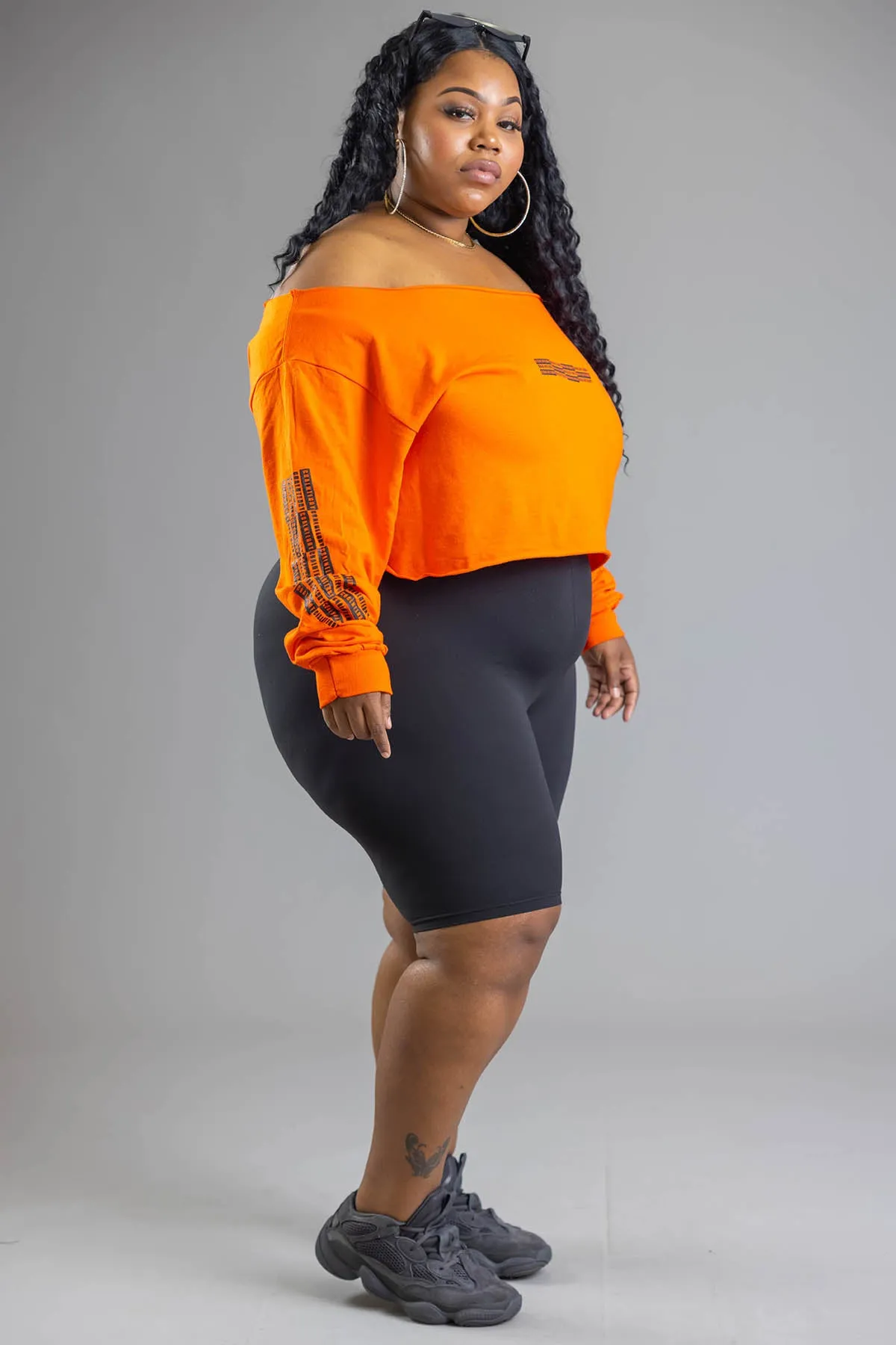 PLUS LONG SLEEVE ORANGE N BLK BAR SHOULDER TEE