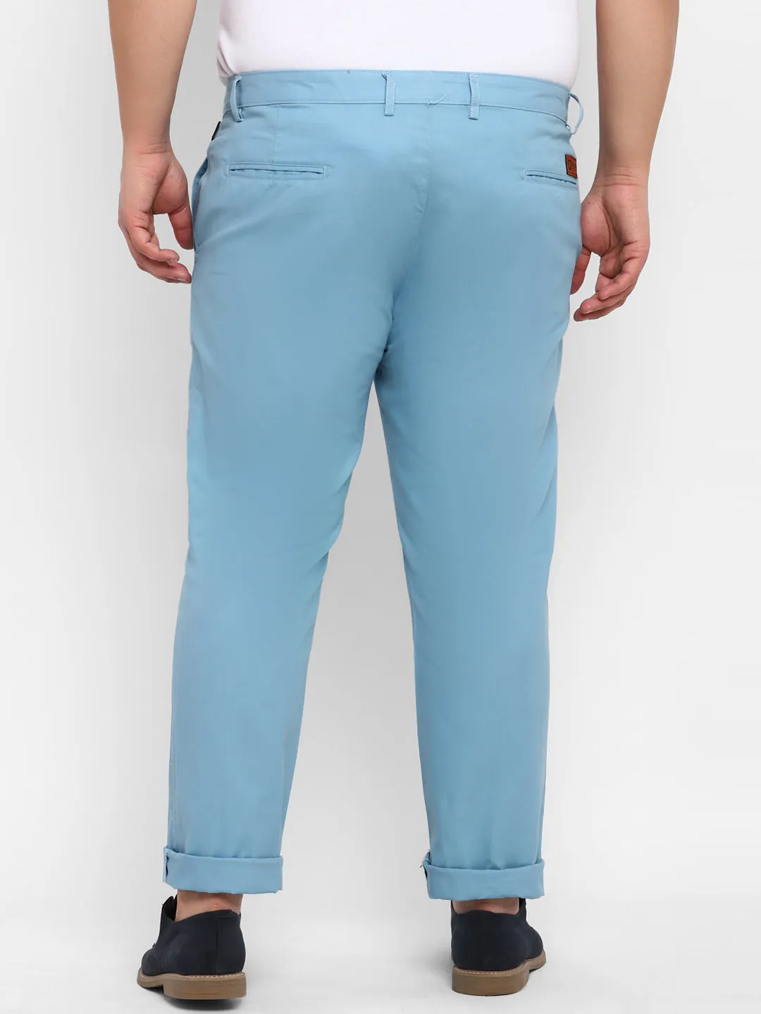 Plus Men's Blue Cotton Light Weight Non-Stretch Regular Fit Casual Trousers