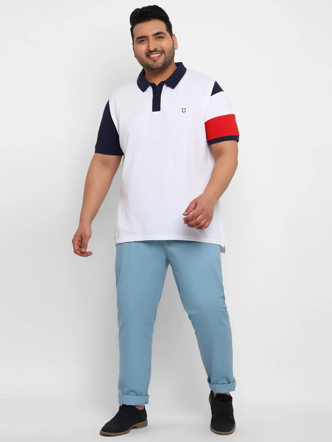 Plus Men's Blue Cotton Light Weight Non-Stretch Regular Fit Casual Trousers
