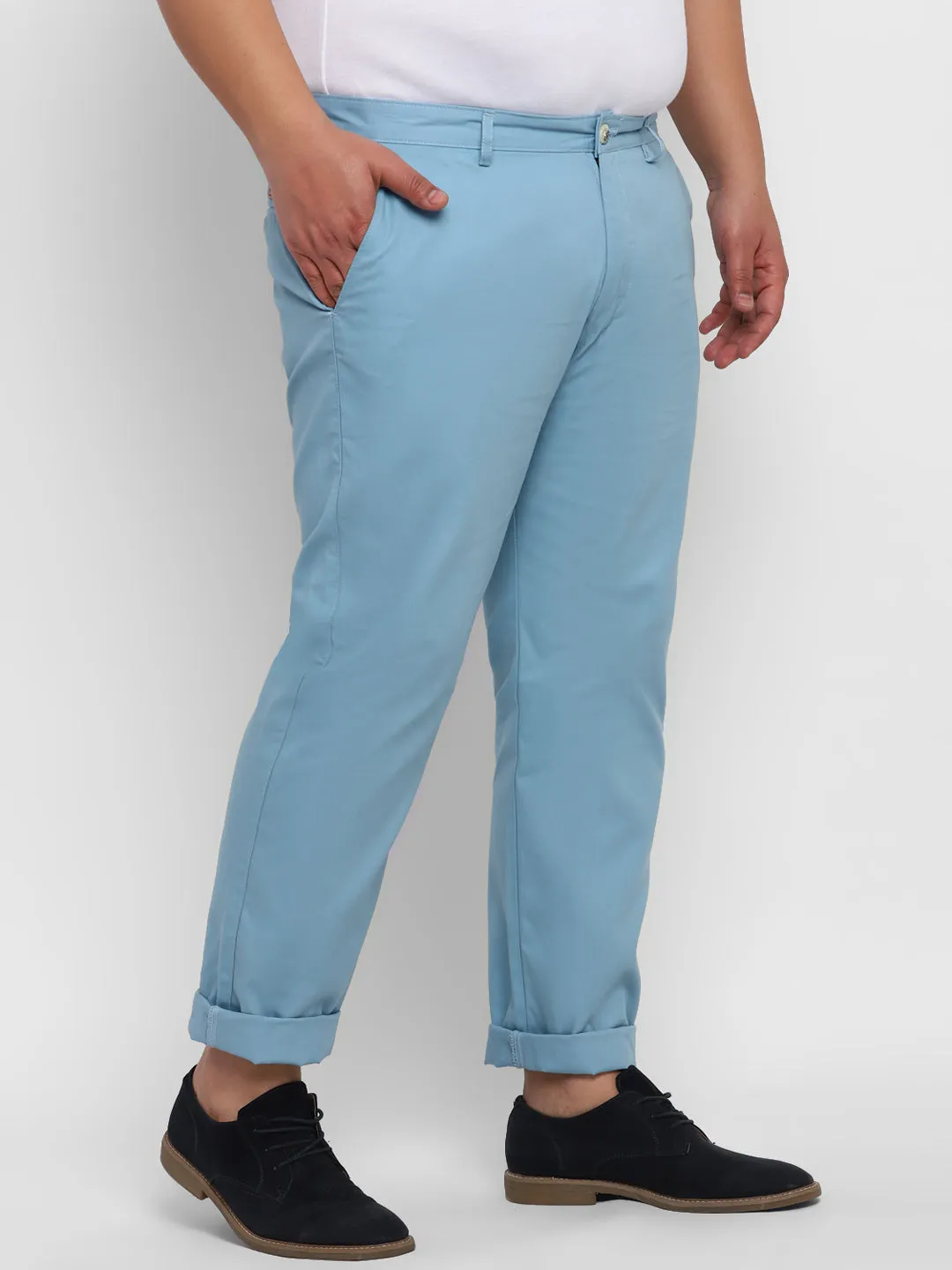 Plus Men's Blue Cotton Light Weight Non-Stretch Regular Fit Casual Trousers