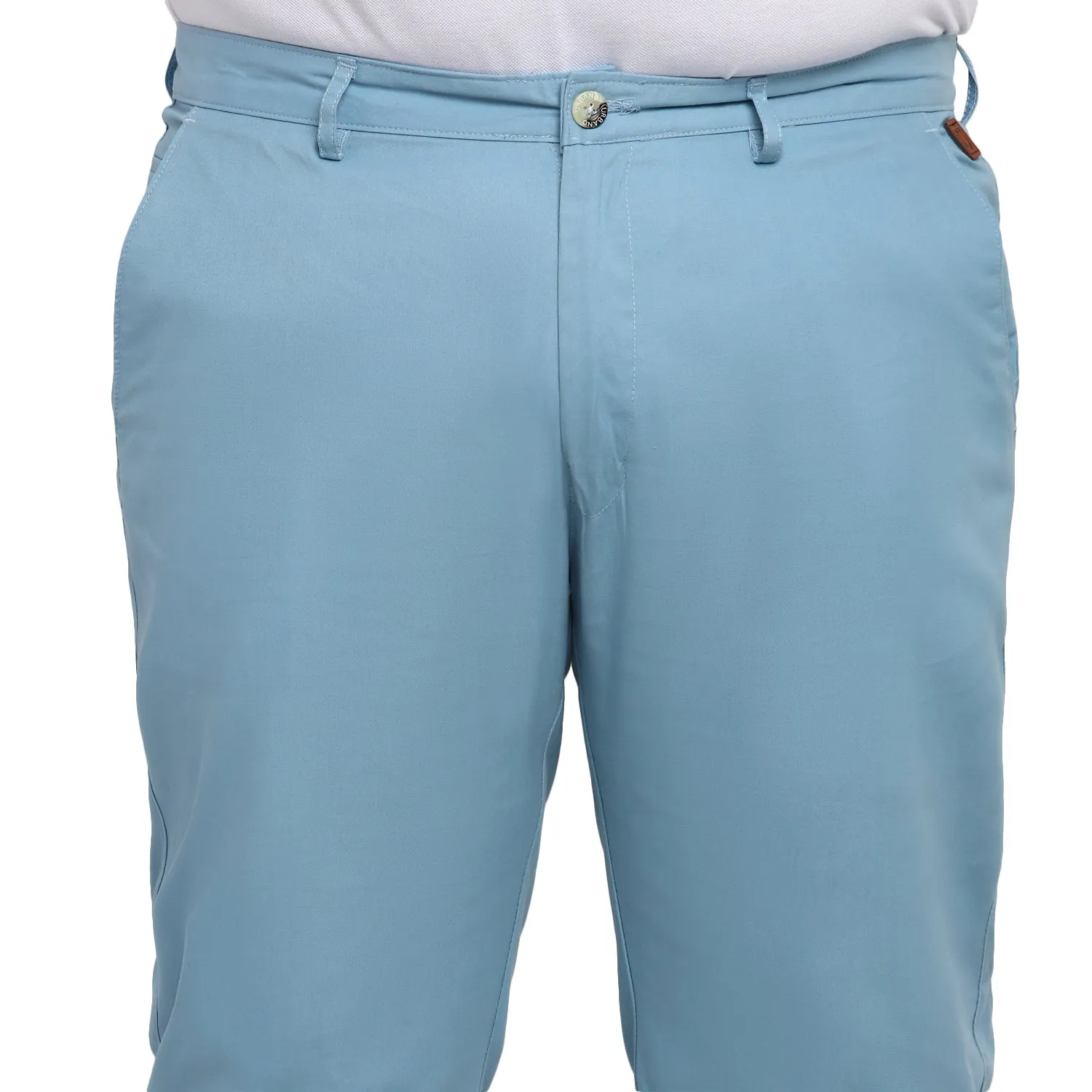 Plus Men's Blue Cotton Light Weight Non-Stretch Regular Fit Casual Trousers