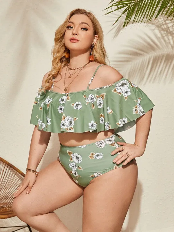 Plus Size Floral Print Bikini Set Cold Shoulder Ruffle Top & Beach Skirt & High Waisted Bottom Light Green