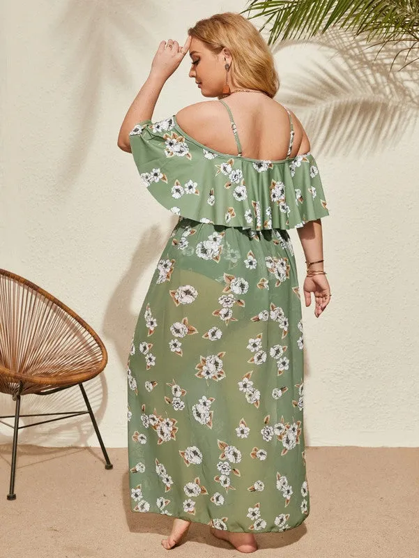 Plus Size Floral Print Bikini Set Cold Shoulder Ruffle Top & Beach Skirt & High Waisted Bottom Light Green