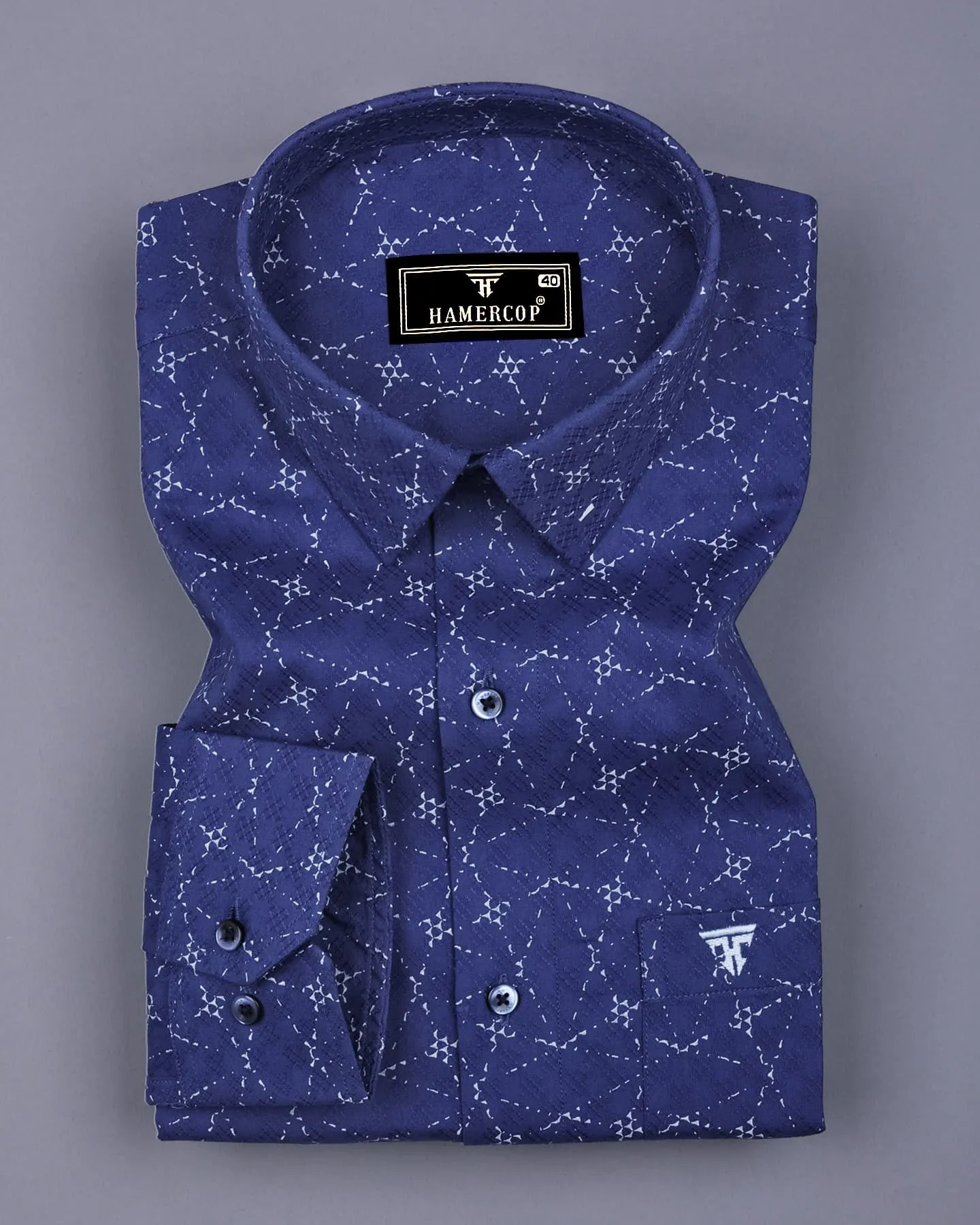 Rodez Ink Blue With White Printed Dobby Cotton Shirt